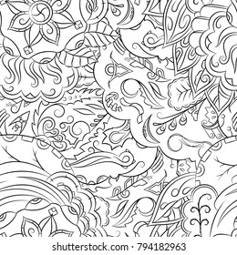 Seamless mehndi vector pattern. Hand-made illustration. Black and white binary pattern, monochrome doodle texture.