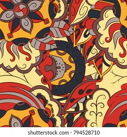 Seamless mehndi vector pattern. Hand-made ethnic illustration. Colorful doodle texture.