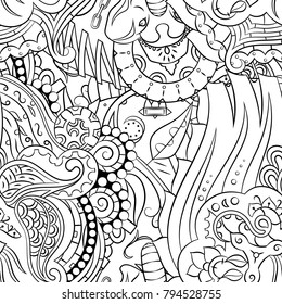Seamless mehndi vector pattern. Hand-made illustration. Black and white binary pattern, monochrome doodle texture.