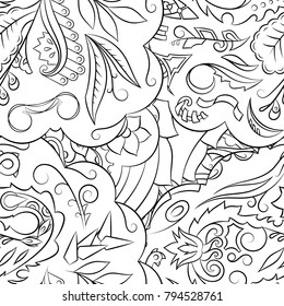 Seamless mehndi vector pattern. Hand-made illustration. Black and white binary pattern, monochrome doodle texture.