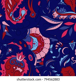 Seamless mehndi vector pattern. Hand-made ethnic illustration. Colorful doodle texture.