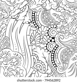 Seamless mehndi vector pattern. Hand-made illustration. Black and white binary pattern, monochrome doodle texture.