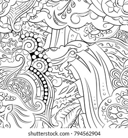 Seamless mehndi vector pattern. Hand-made illustration. Black and white binary pattern, monochrome doodle texture.