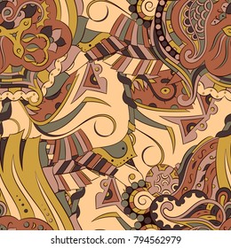 Seamless mehndi vector pattern. Hand-made ethnic illustration. Colorful doodle texture.