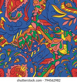 Seamless mehndi vector pattern. Hand-made ethnic illustration. Colorful doodle texture.