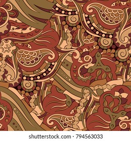 Seamless mehndi vector pattern. Hand-made ethnic illustration. Colorful doodle texture.