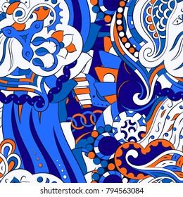 Seamless mehndi vector pattern. Hand-made ethnic illustration. Colorful doodle texture.