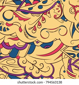 Seamless mehndi vector pattern. Hand-made ethnic illustration. Colorful doodle texture.