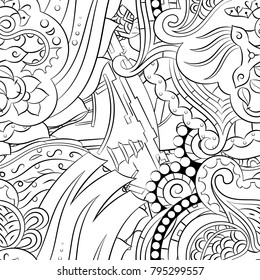 Seamless mehndi vector pattern. Hand-made illustration. Black and white binary pattern, monochrome doodle texture.