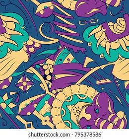 Seamless mehndi vector pattern. Hand-made ethnic illustration. Colorful doodle texture.