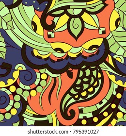 Seamless mehndi vector pattern. Hand-made ethnic illustration. Colorful doodle texture.