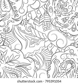 Seamless mehndi vector pattern. Hand-made illustration. Black and white binary pattern, monochrome doodle texture.