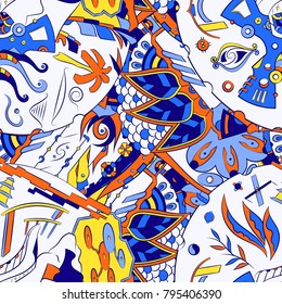 Seamless mehndi vector pattern. Hand-made ethnic illustration. Colorful doodle texture.