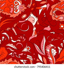 Seamless mehndi vector pattern. Hand-made ethnic illustration. Colorful doodle texture.