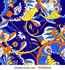 Seamless mehndi vector pattern. Hand-made ethnic illustration. Colorful doodle texture.