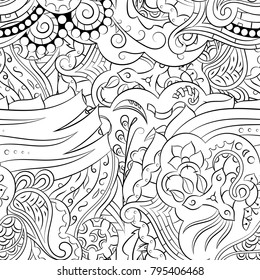 Seamless mehndi vector pattern. Hand-made illustration. Black and white binary pattern, monochrome doodle texture.