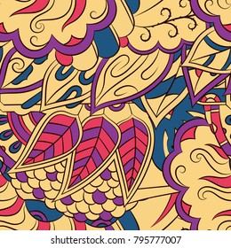 Seamless mehndi vector pattern. Hand-made ethnic illustration. Colorful doodle texture.