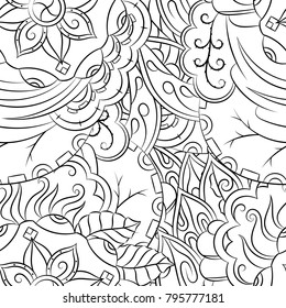 Seamless mehndi vector pattern. Hand-made illustration. Black and white binary pattern, monochrome doodle texture.