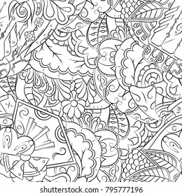 Seamless mehndi vector pattern. Hand-made illustration. Black and white binary pattern, monochrome doodle texture.