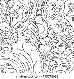 Seamless mehndi vector pattern. Hand-made illustration. Black and white binary pattern, monochrome doodle texture.
