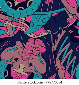 Seamless mehndi vector pattern. Hand-made ethnic illustration. Colorful doodle texture.