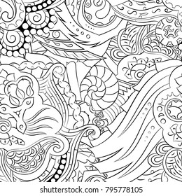 Seamless mehndi vector pattern. Hand-made illustration. Black and white binary pattern, monochrome doodle texture.