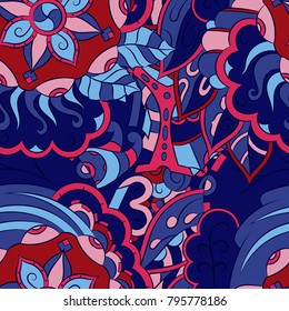 Seamless mehndi vector pattern. Hand-made ethnic illustration. Colorful doodle texture.