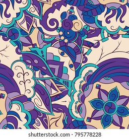 Seamless mehndi vector pattern. Hand-made ethnic illustration. Colorful doodle texture.