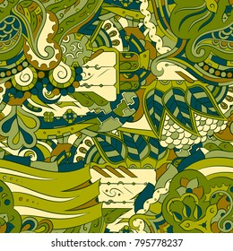 Seamless mehndi vector pattern. Hand-made ethnic illustration. Colorful doodle texture.