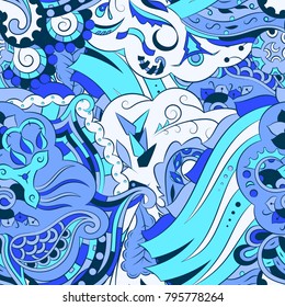 Seamless mehndi vector pattern. Hand-made ethnic illustration. Colorful doodle texture.