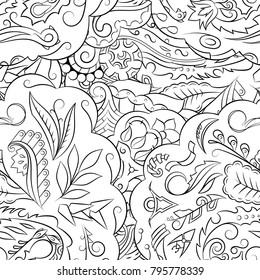 Seamless mehndi vector pattern. Hand-made illustration. Black and white binary pattern, monochrome doodle texture.