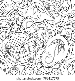 Seamless mehndi vector pattern. Hand-made illustration. Black and white binary pattern, monochrome doodle texture.