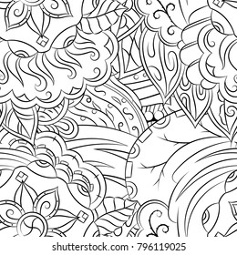 Seamless mehndi vector pattern. Hand-made illustration. Black and white binary pattern, monochrome doodle texture.