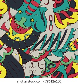 Seamless mehndi vector pattern. Hand-made ethnic illustration. Colorful doodle texture.