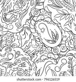 Seamless mehndi vector pattern. Hand-made illustration. Black and white binary pattern, monochrome doodle texture.