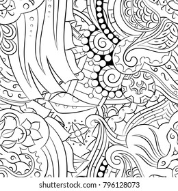 Seamless mehndi vector pattern. Hand-made illustration. Black and white binary pattern, monochrome doodle texture.