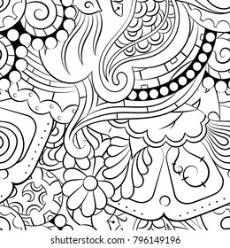 Seamless mehndi vector pattern. Hand-made illustration. Black and white binary pattern, monochrome doodle texture.