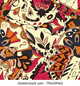 Seamless mehndi vector pattern. Hand-made ethnic illustration. Colorful doodle texture.