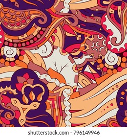 Seamless mehndi vector pattern. Hand-made ethnic illustration. Colorful doodle texture.