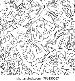 Seamless mehndi vector pattern. Hand-made illustration. Black and white binary pattern, monochrome doodle texture.