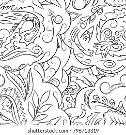 Seamless mehndi vector pattern. Hand-made illustration. Black and white binary pattern, monochrome doodle texture.