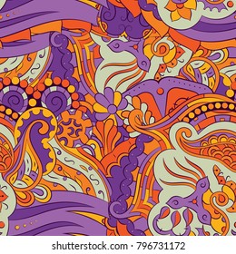 Seamless mehndi vector pattern. Hand-made ethnic illustration. Colorful doodle texture.