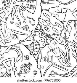 Seamless mehndi vector pattern. Hand-made illustration. Black and white binary pattern, monochrome doodle texture.