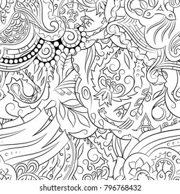 Seamless mehndi vector pattern. Hand-made illustration. Black and white binary pattern, monochrome doodle texture.