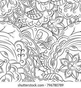 Seamless mehndi vector pattern. Hand-made illustration. Black and white binary pattern, monochrome doodle texture.