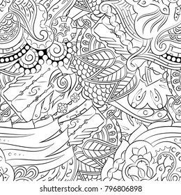 Seamless mehndi vector pattern. Hand-made illustration. Black and white binary pattern, monochrome doodle texture.