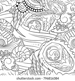 Seamless mehndi vector pattern. Hand-made illustration. Black and white binary pattern, monochrome doodle texture.