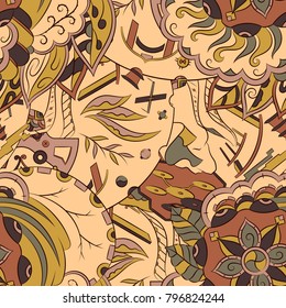Seamless mehndi vector pattern. Hand-made ethnic illustration. Colorful doodle texture.