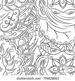 Seamless mehndi vector pattern. Hand-made illustration. Black and white binary pattern, monochrome doodle texture.