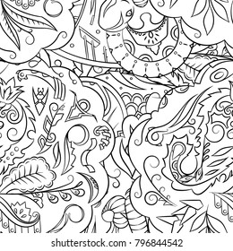 Seamless mehndi vector pattern. Hand-made illustration. Black and white binary pattern, monochrome doodle texture.